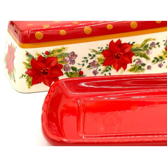 Pioneer Woman Holiday Cheer Red Gold Poinsettias Stoneware Covered Butter Dish - Picture 6 of 16